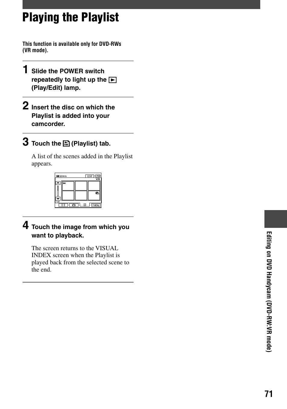 Playing the playlist | Sony DCR-DVD7 User Manual | Page 71 / 112