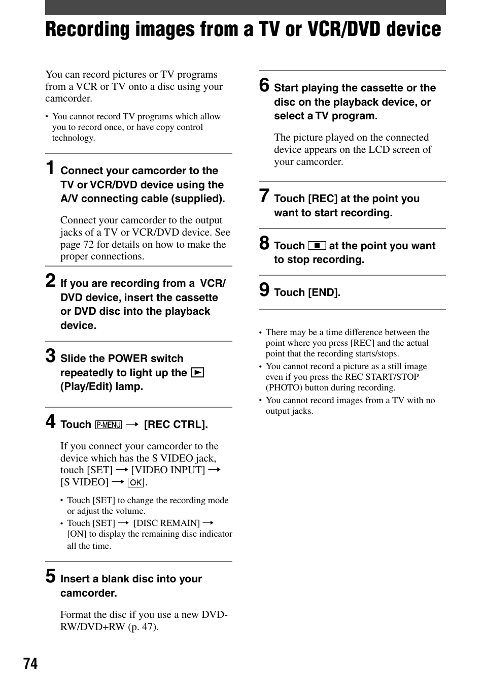 Recording images from a tv or vcr/dvd device | Sony DCR-DVD7 User Manual | Page 74 / 112