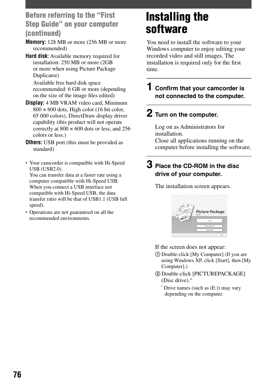Installing the software | Sony DCR-DVD7 User Manual | Page 76 / 112