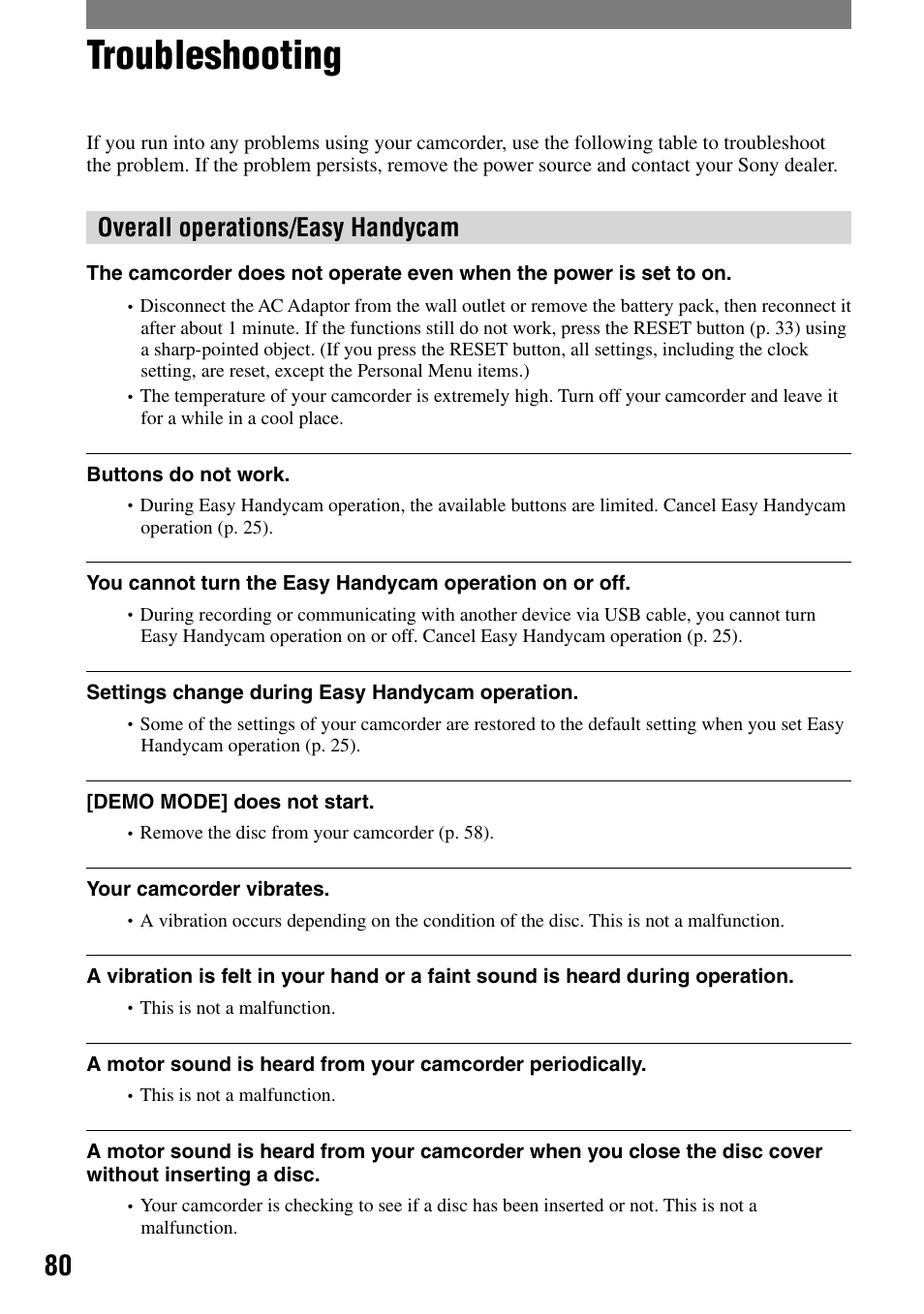 Troubleshooting, Overall operations/easy handycam | Sony DCR-DVD7 User Manual | Page 80 / 112