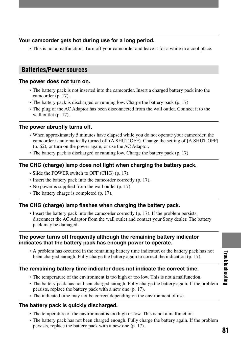 Troubleshooting, Batteries/power sources | Sony DCR-DVD7 User Manual | Page 81 / 112