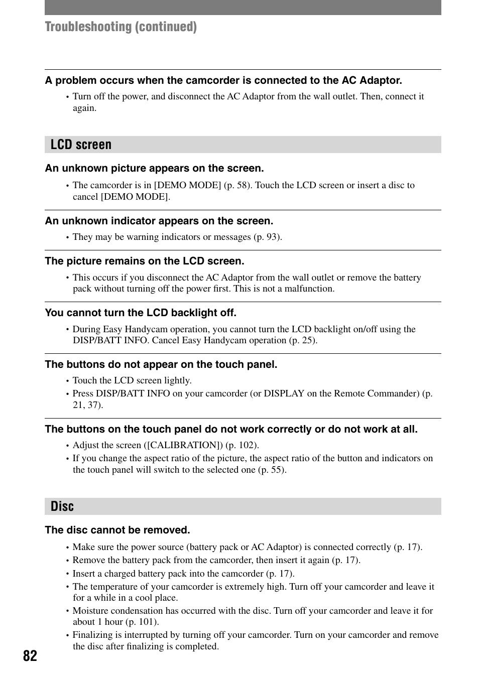 Lcd screen, Disc, Troubleshooting (continued) | Sony DCR-DVD7 User Manual | Page 82 / 112