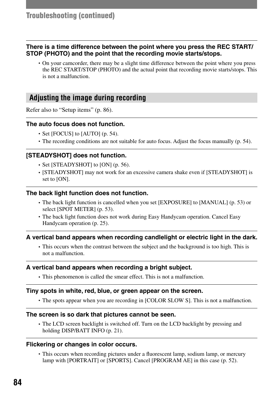 Adjusting the image during recording, Troubleshooting (continued) | Sony DCR-DVD7 User Manual | Page 84 / 112