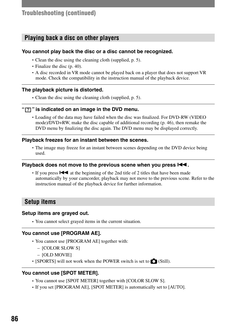Playing back a disc on other players, Setup items, Troubleshooting (continued) | Sony DCR-DVD7 User Manual | Page 86 / 112