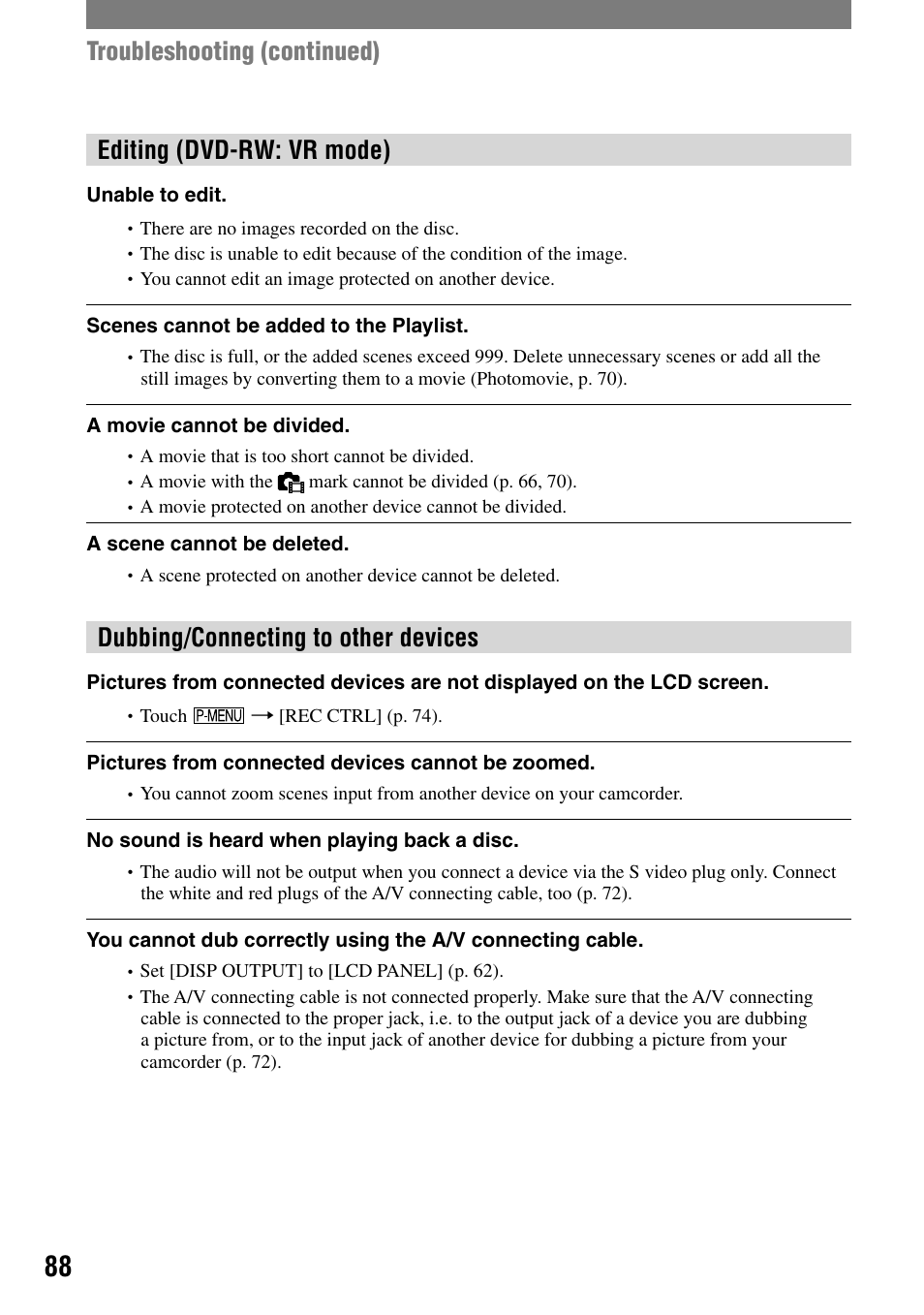 Editing (dvd-rw: vr mode), Dubbing/connecting to other devices, Troubleshooting (continued) | Sony DCR-DVD7 User Manual | Page 88 / 112