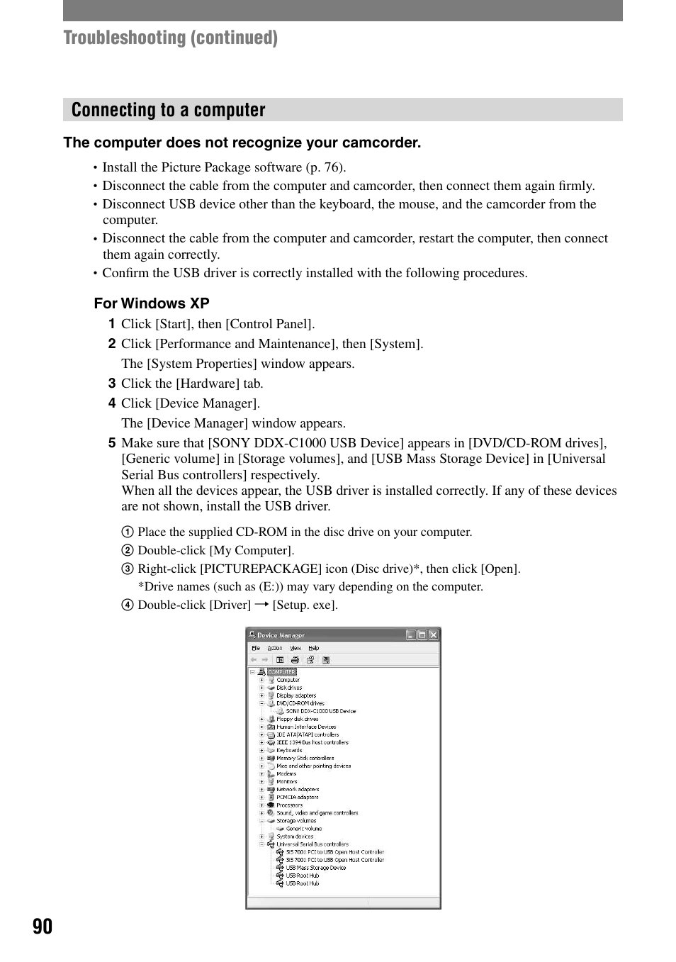 Connecting to a computer, Troubleshooting (continued) | Sony DCR-DVD7 User Manual | Page 90 / 112