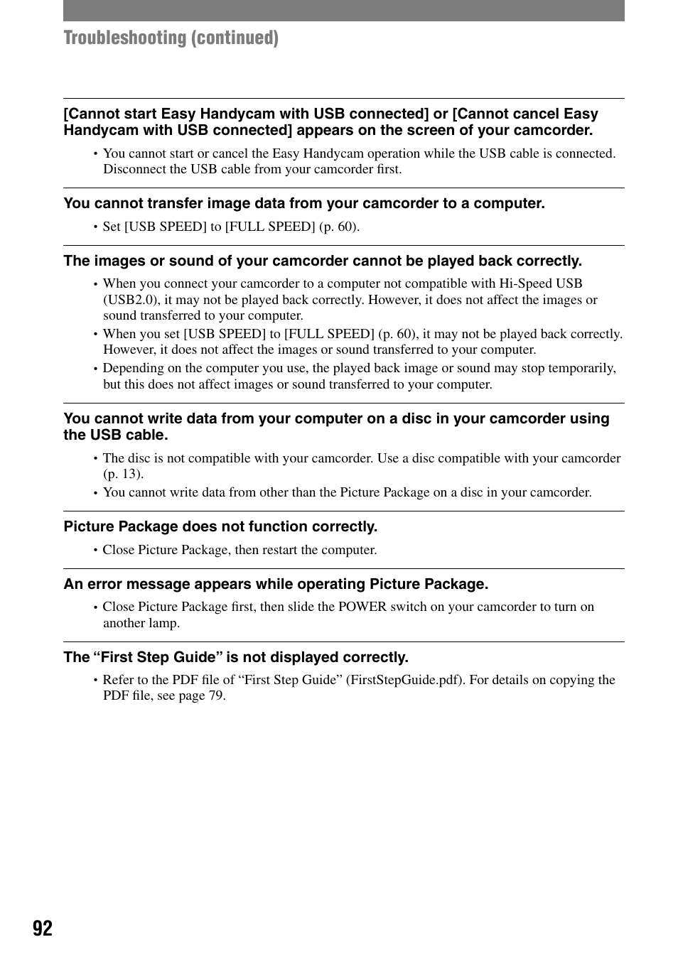 Troubleshooting (continued) | Sony DCR-DVD7 User Manual | Page 92 / 112