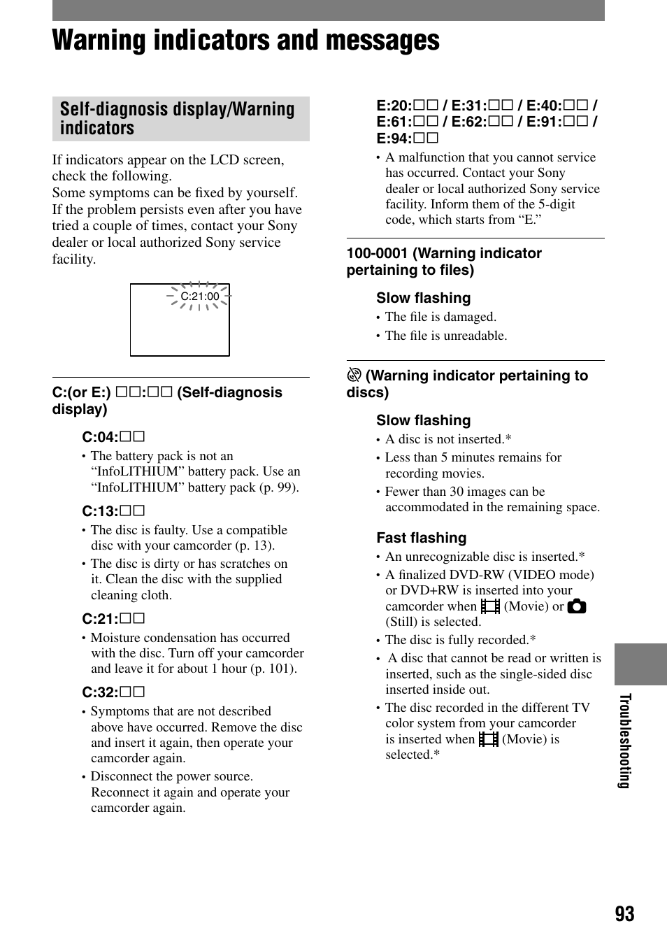Warning indicators and messages, Self-diagnosis display/warning indicators | Sony DCR-DVD7 User Manual | Page 93 / 112