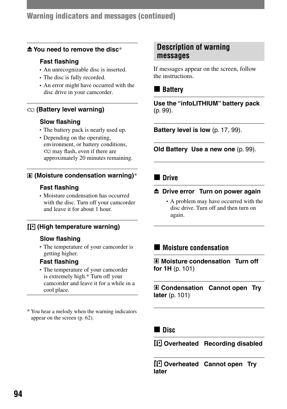 Description of warning messages, Warning indicators and messages (continued) | Sony DCR-DVD7 User Manual | Page 94 / 112