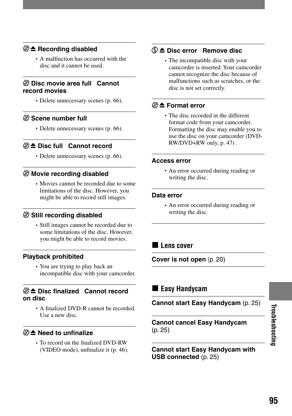 Lens cover, Easy handycam | Sony DCR-DVD7 User Manual | Page 95 / 112