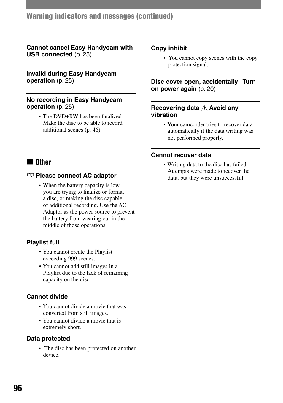 Warning indicators and messages (continued), Other | Sony DCR-DVD7 User Manual | Page 96 / 112
