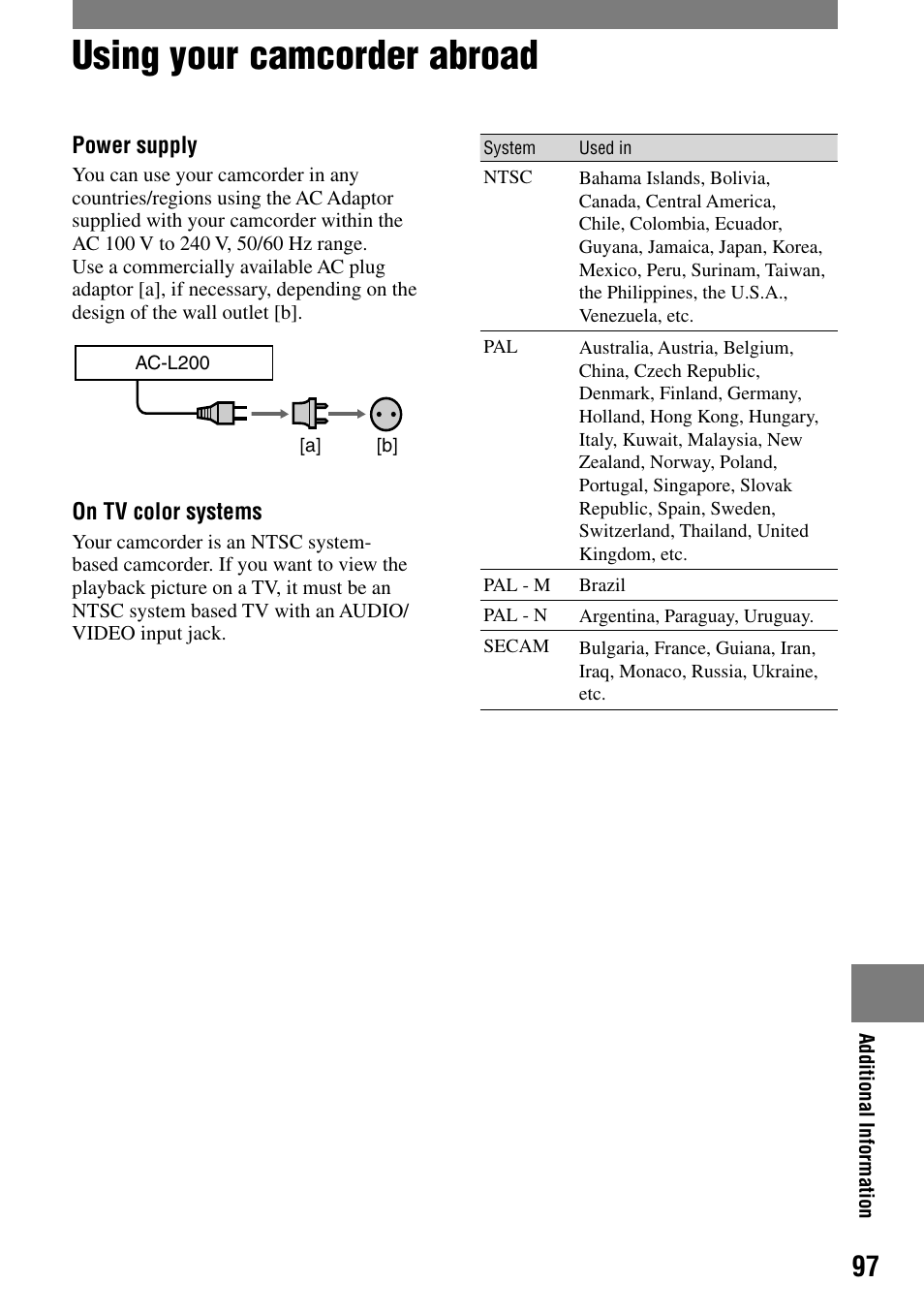 Additional information, Using your camcorder abroad | Sony DCR-DVD7 User Manual | Page 97 / 112