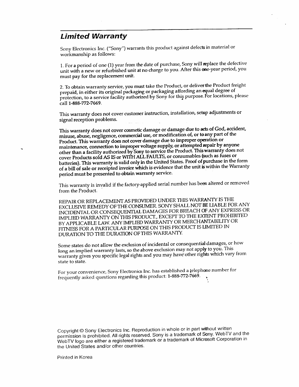 Limited warranty | Sony KI-W250 User Manual | Page 8 / 8