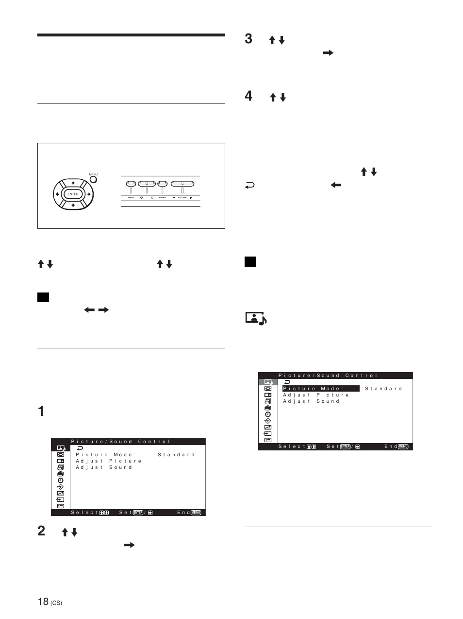 使用屏幕菜单, 通过菜单操作, 菜单指南 | Picture/sound control（图像／ 声音控制）菜单, 菜单操作键, 菜单结构, Adjust picture（图像调整）菜单 | Sony PFM-42X1S User Manual | Page 340 / 376