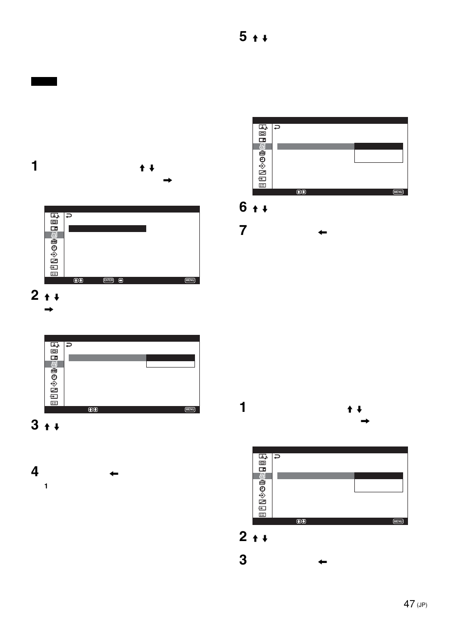 画像の表示位置を自動的に変える, バックグラウンド（映像信号のない部分）の明るさを調整する, バックグラウンド（映像信号のない部 分）の明るさを調整する | Sony PFM-42X1S User Manual | Page 47 / 376