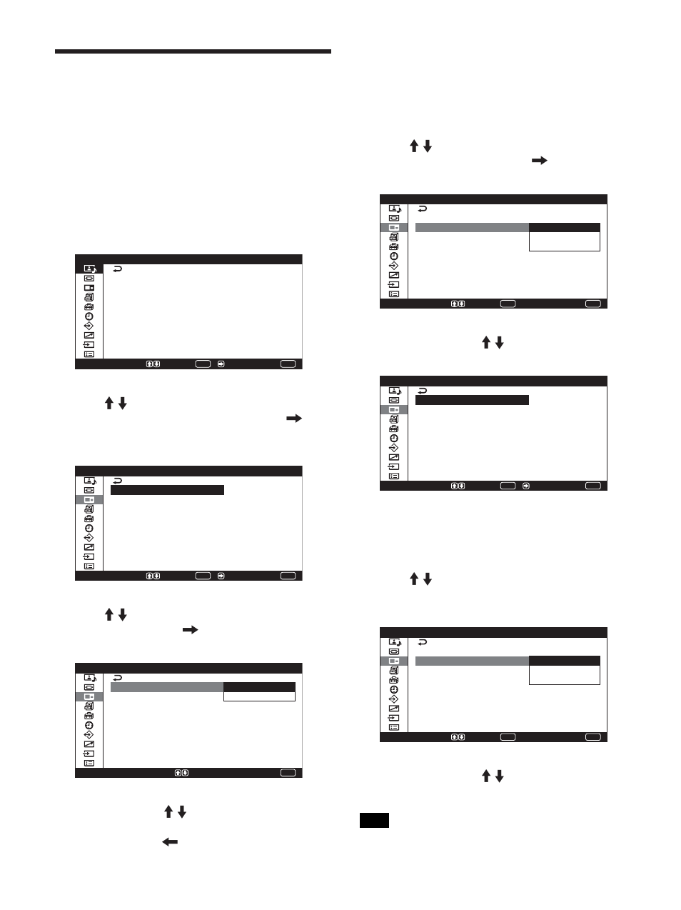 Viewing two pictures at the same time, Activating a picture, Switching the position of the two pictures | Press menu. the main manu appears on the screen, Select “on” with m/m, Press enter or < to return to the previous screen | Sony PFM-42X1S User Manual | Page 94 / 376