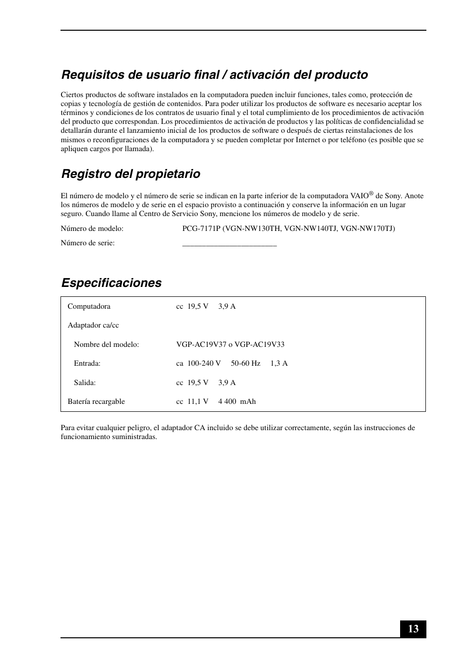 Registro del propietario, Especificaciones | Sony VGN-NW100Y User Manual | Page 13 / 24