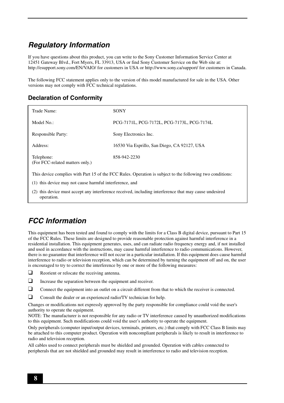 Regulatory information, Fcc information, Declaration of conformity | Sony VGN-NW100Y User Manual | Page 8 / 24