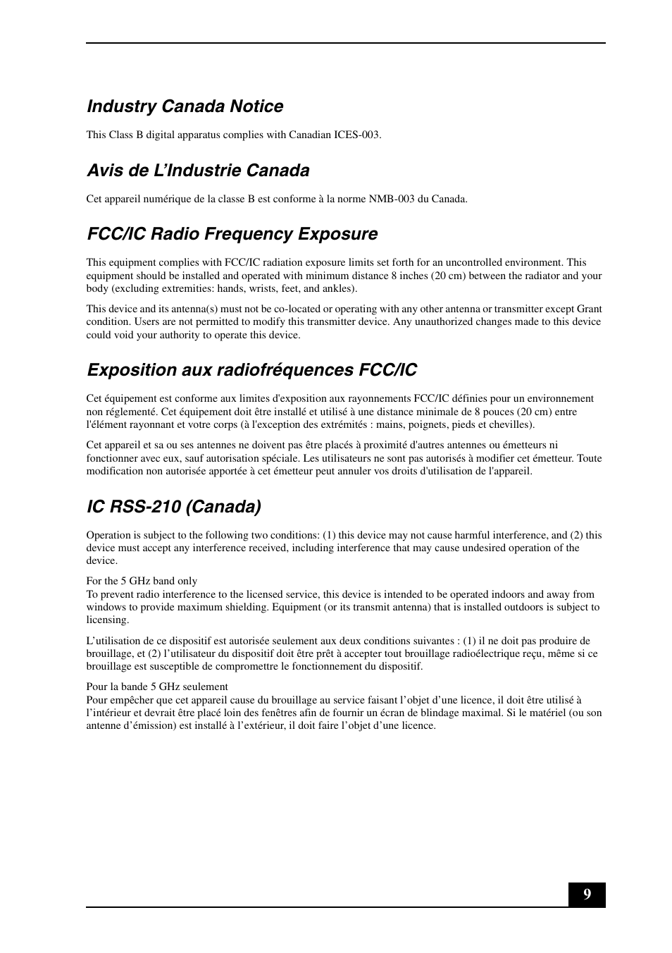 Industry canada notice, Avis de l’industrie canada, Fcc/ic radio frequency exposure | Exposition aux radiofréquences fcc/ic, Ic rss-210 (canada) | Sony VGN-NW100Y User Manual | Page 9 / 24