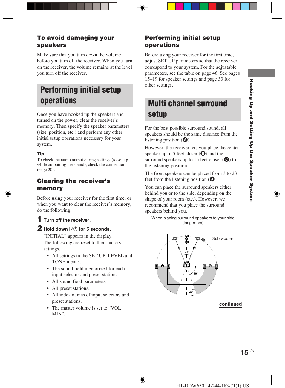 Performing initial setup operations, Multi channel surround setup | Sony HT-DDW650 User Manual | Page 15 / 48
