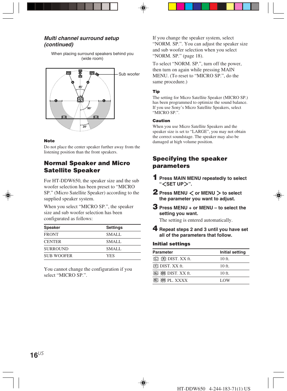 Normal speaker and micro satellite speaker, Specifying the speaker parameters, Multi channel surround setup (continued) | Sony HT-DDW650 User Manual | Page 16 / 48