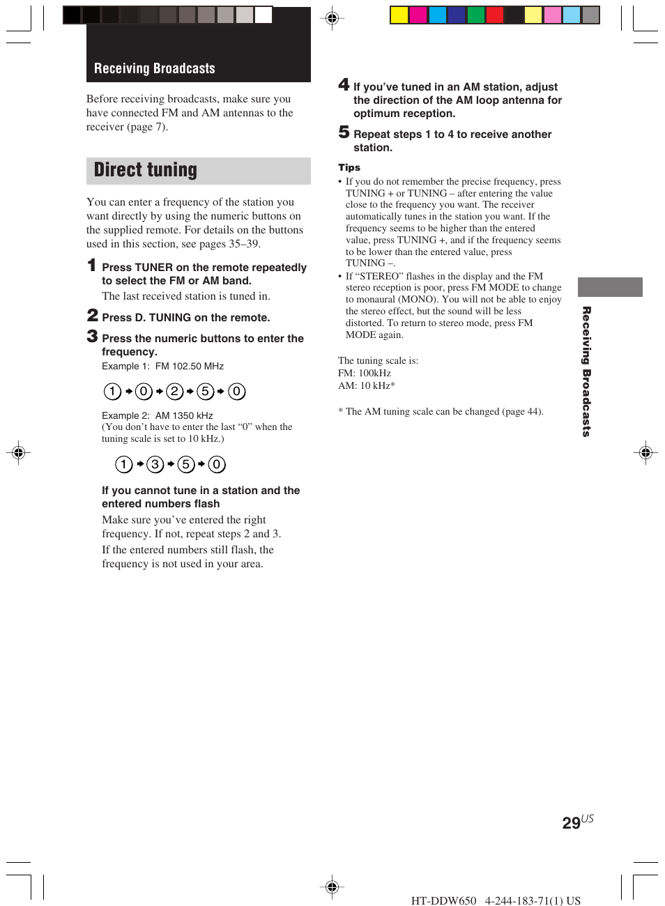 Receiving broadcasts, Direct tuning | Sony HT-DDW650 User Manual | Page 29 / 48
