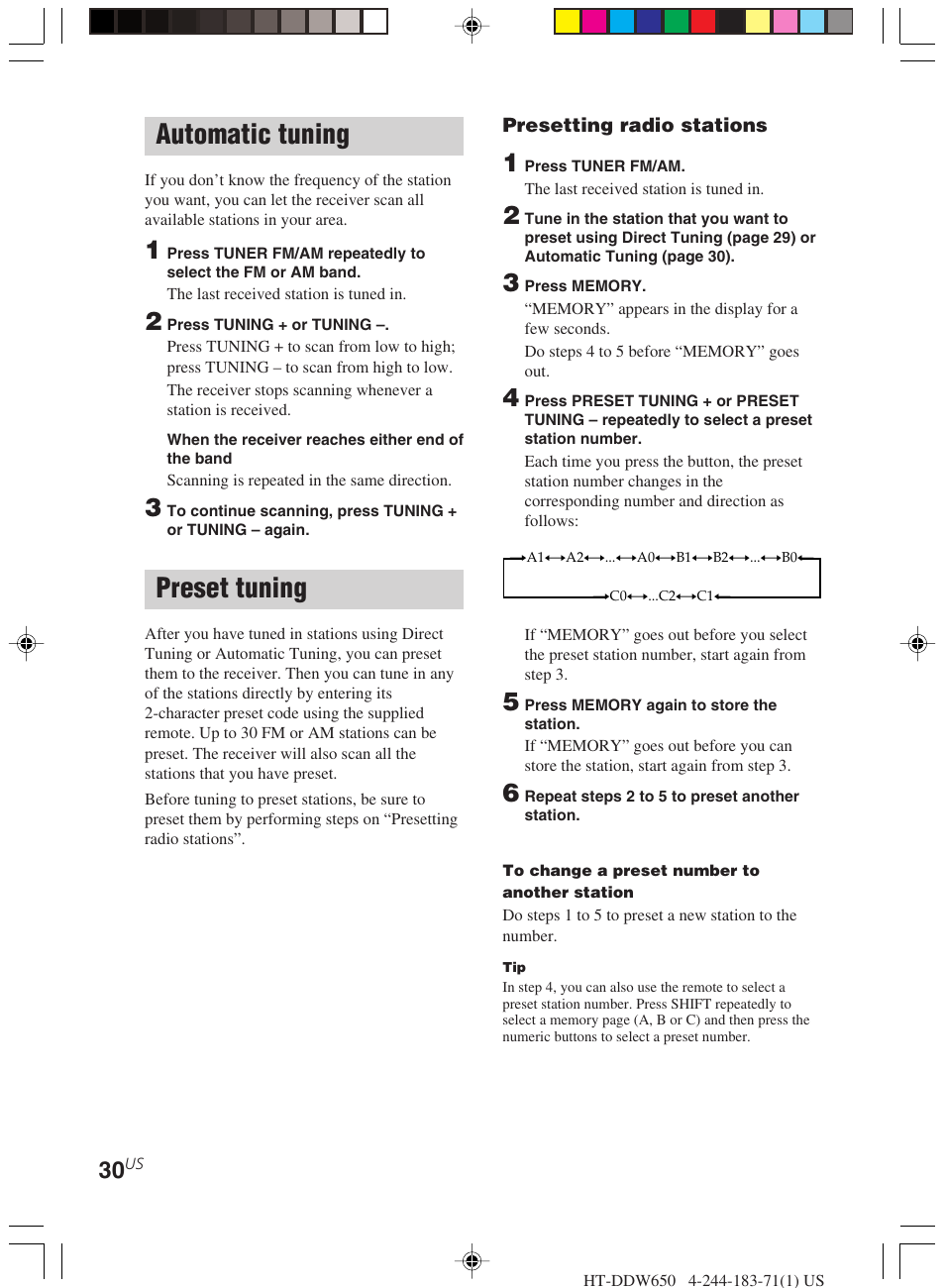 Automatic tuning preset tuning, Automatic tuning, Preset tuning | Sony HT-DDW650 User Manual | Page 30 / 48