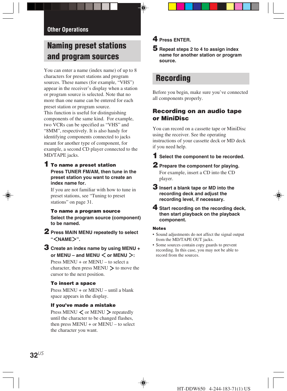 Other operations, Naming preset stations and program, Sources | Recording, Naming preset stations and program sources | Sony HT-DDW650 User Manual | Page 32 / 48