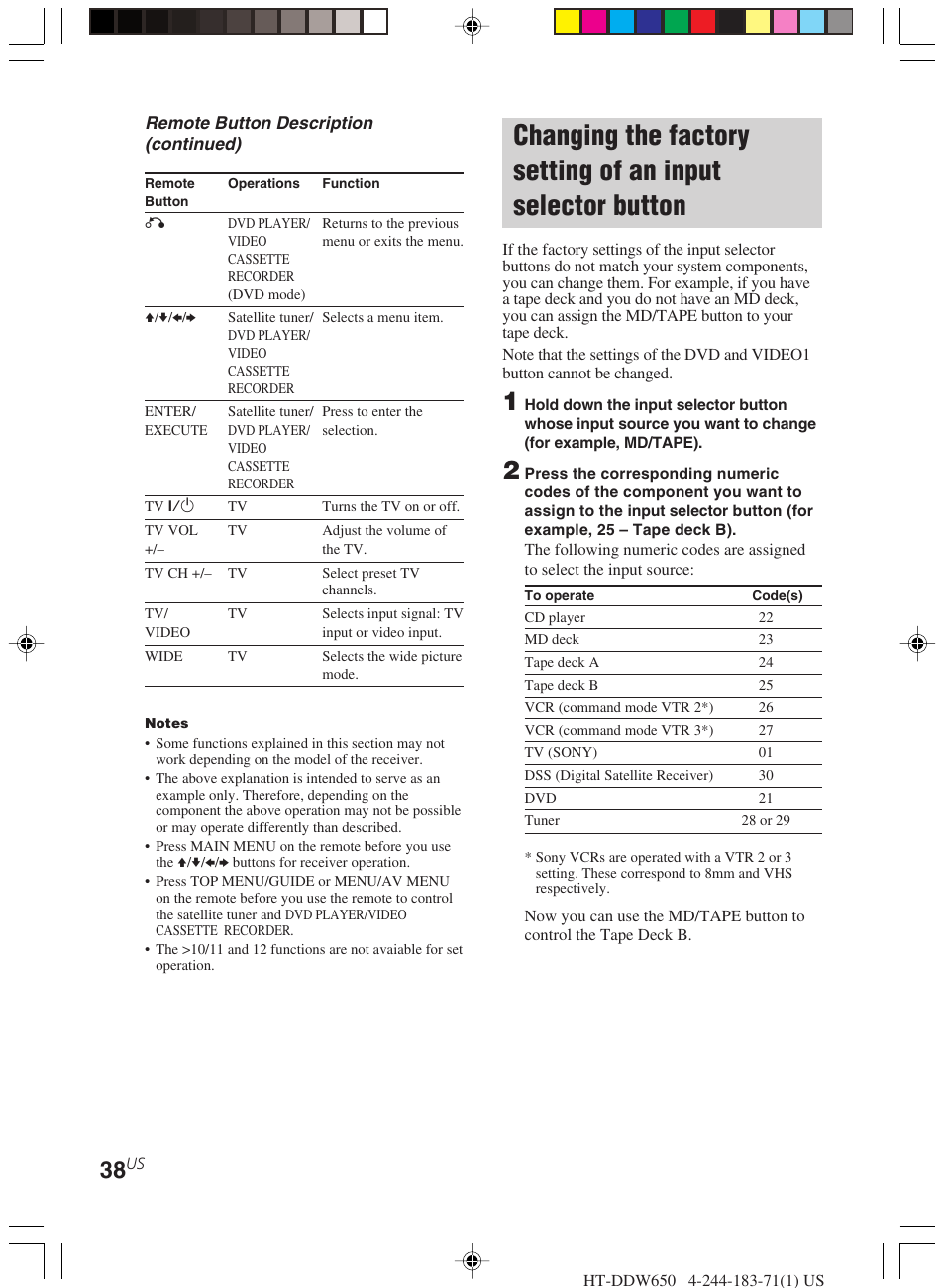 Changing the factory setting of, An input selector button | Sony HT-DDW650 User Manual | Page 38 / 48