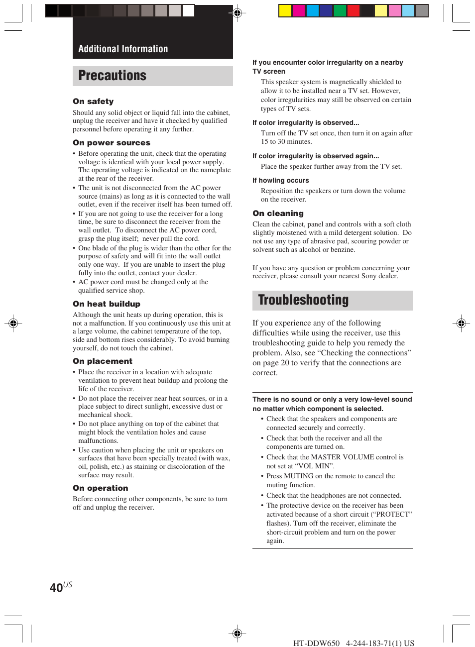Additional information, Precautions troubleshooting, Troubleshooting | Precautions | Sony HT-DDW650 User Manual | Page 40 / 48
