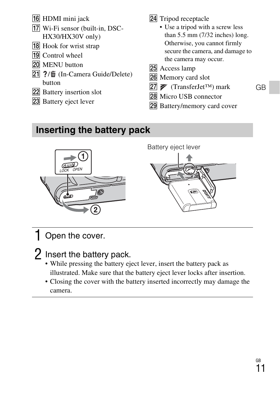 Inserting the battery pack | Sony DSC-HX30V User Manual | Page 11 / 68