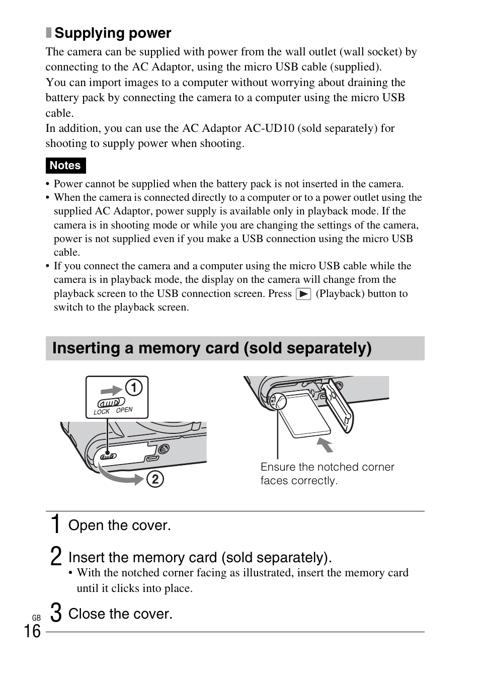 Inserting a memory card (sold separately) | Sony DSC-HX30V User Manual | Page 16 / 68