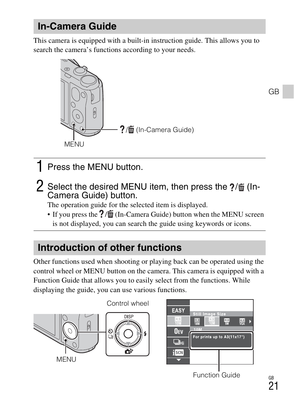 In-camera guide, Introduction of other functions | Sony DSC-HX30V User Manual | Page 21 / 68
