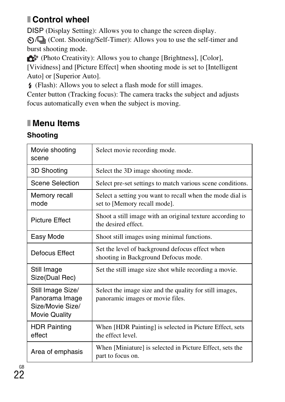 Xcontrol wheel, Xmenu items | Sony DSC-HX30V User Manual | Page 22 / 68