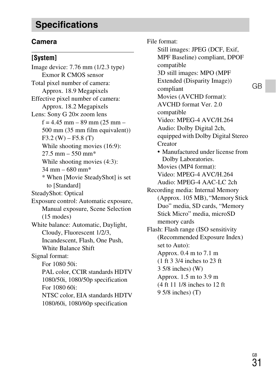 Specifications | Sony DSC-HX30V User Manual | Page 31 / 68
