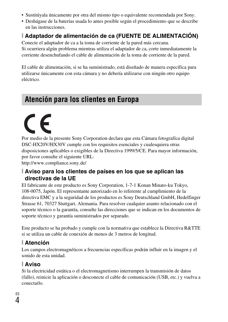 Atención para los clientes en europa | Sony DSC-HX30V User Manual | Page 36 / 68