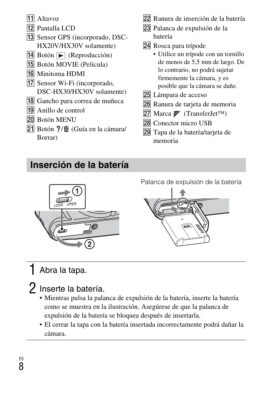 Inserción de la batería | Sony DSC-HX30V User Manual | Page 40 / 68