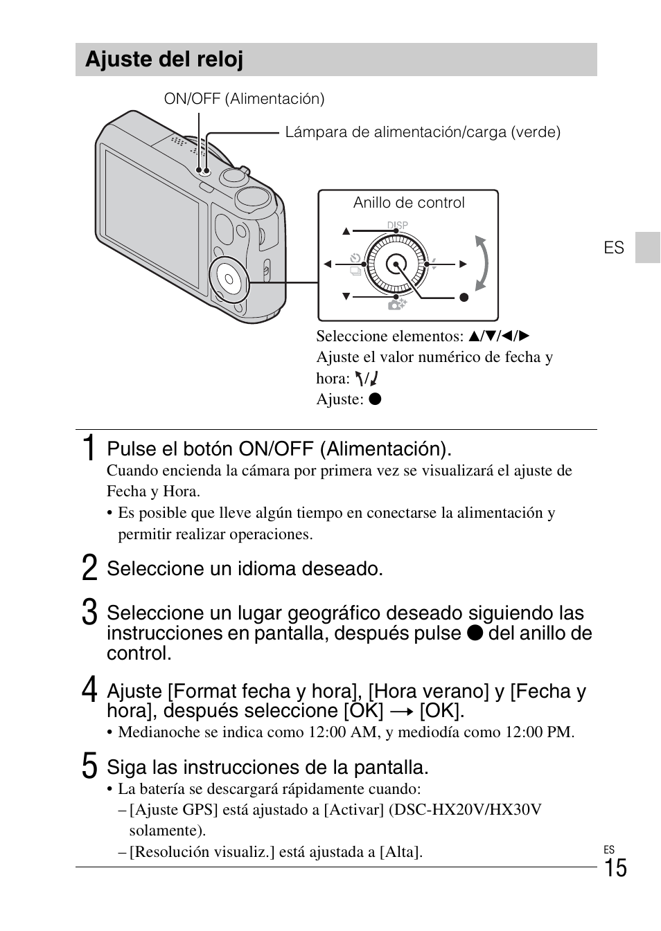 Ajuste del reloj | Sony DSC-HX30V User Manual | Page 47 / 68