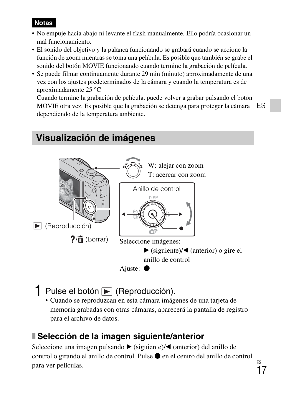 Visualización de imágenes, Xselección de la imagen siguiente/anterior, Pulse el botón (reproducción) | Sony DSC-HX30V User Manual | Page 49 / 68