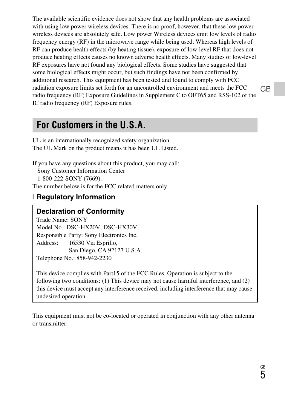 For customers in the u.s.a | Sony DSC-HX30V User Manual | Page 5 / 68
