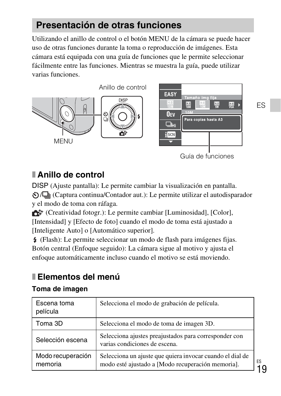 Presentación de otras funciones, Xanillo de control, Xelementos del menú | Sony DSC-HX30V User Manual | Page 51 / 68