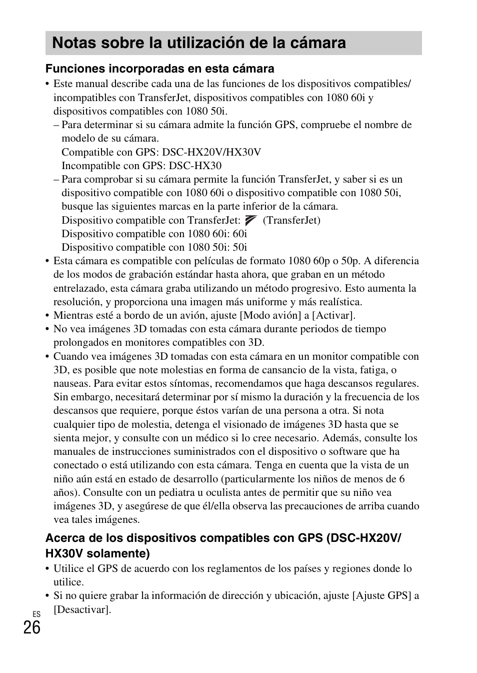 Notas sobre la utilización de la cámara | Sony DSC-HX30V User Manual | Page 58 / 68