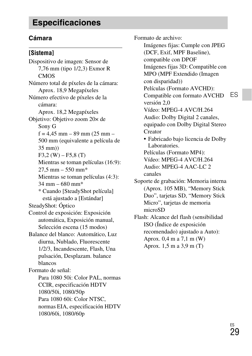 Especificaciones | Sony DSC-HX30V User Manual | Page 61 / 68