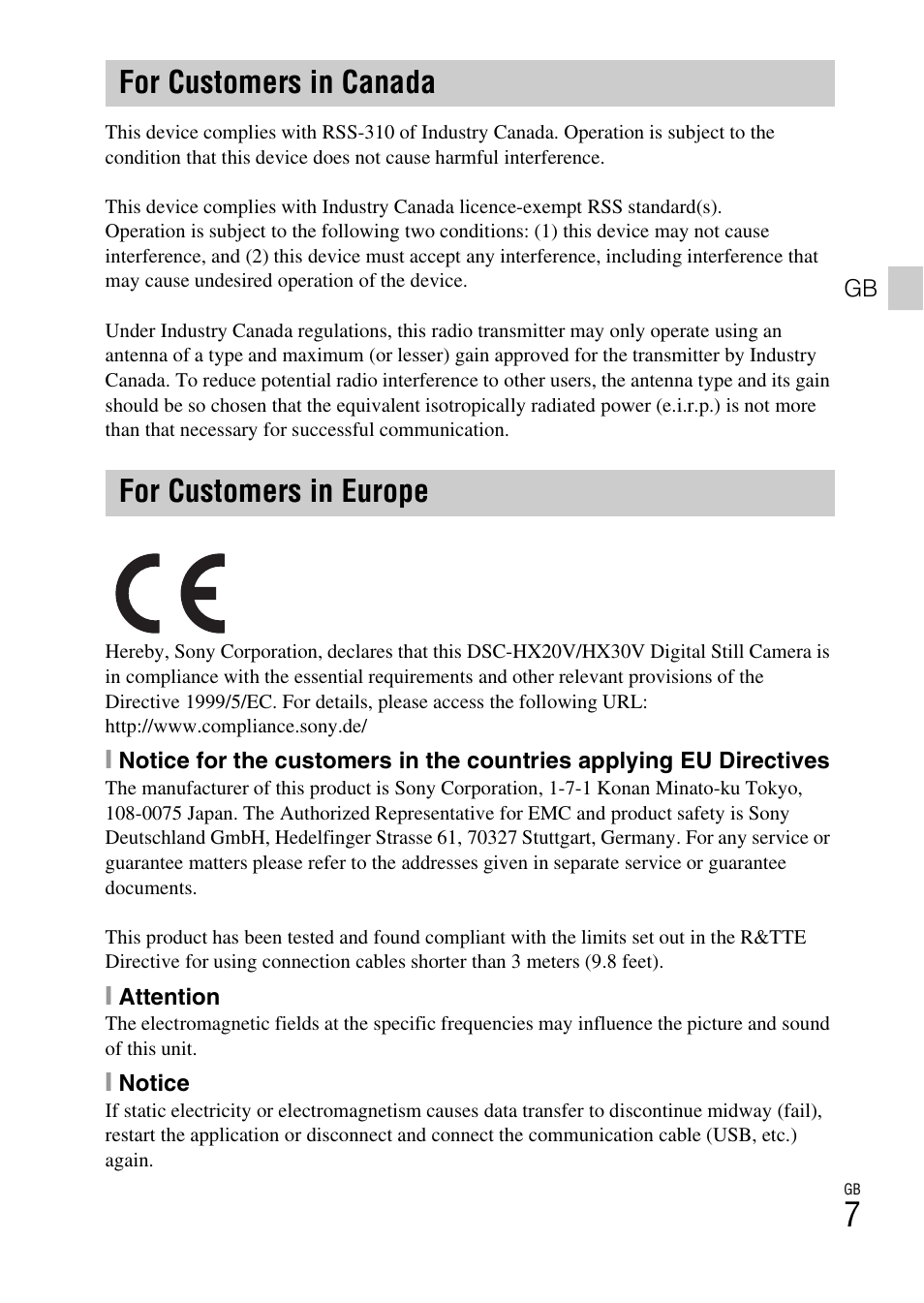 For customers in canada for customers in europe | Sony DSC-HX30V User Manual | Page 7 / 68
