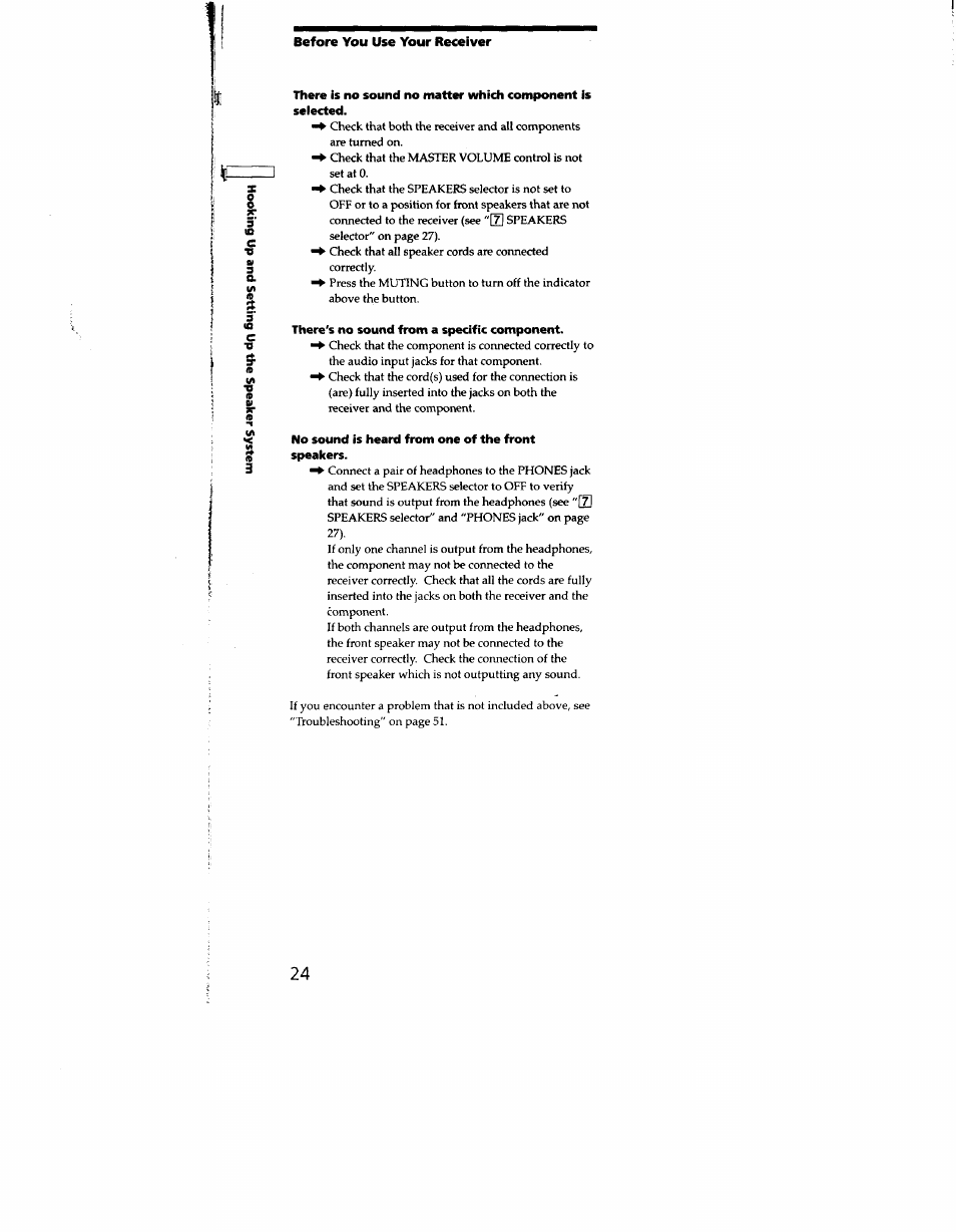 Before you use your receiver, There's no sound from a specific component, No sound is heard from one of the front speakers | Sony STR-DE935 User Manual | Page 23 / 56