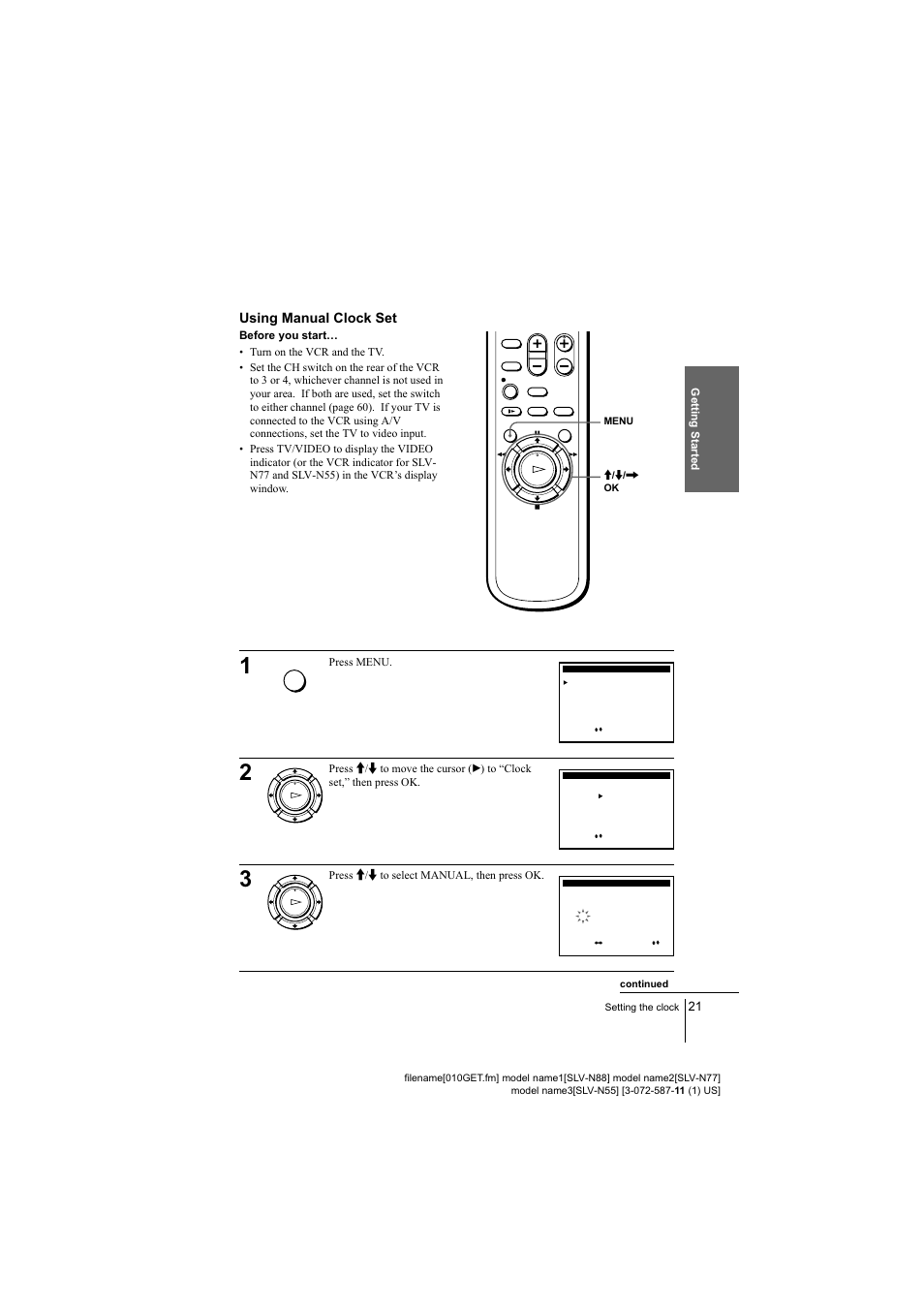 Using manual clock set, Before you starts, See “using manual clock | M / m, Press menu, Press, Continued | Sony SLV-N77 User Manual | Page 21 / 72