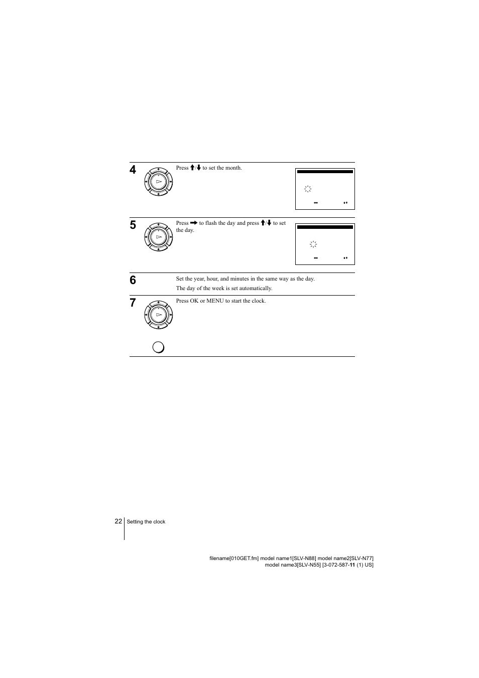 Press mm to set the month, 22 setting the clock | Sony SLV-N77 User Manual | Page 22 / 72