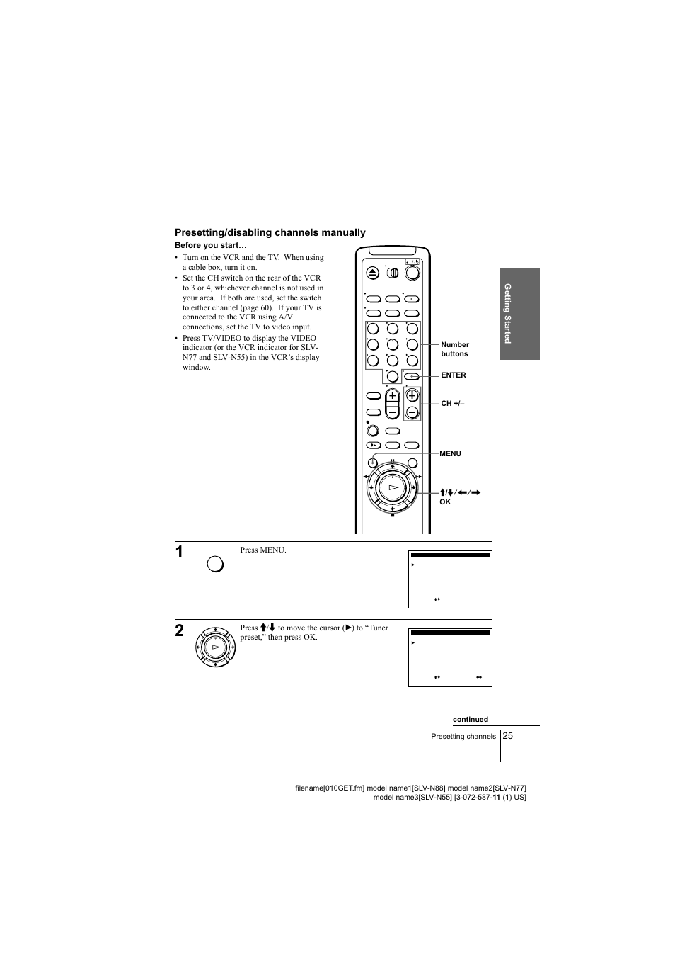 Presetting/disabling channels manually, Before you starts, See “presetting/disabling channels | Sony SLV-N77 User Manual | Page 25 / 72