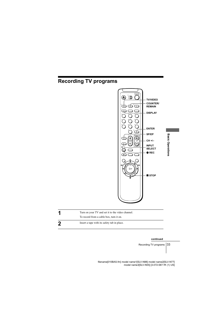 Recording tv programs, Continued | Sony SLV-N77 User Manual | Page 33 / 72
