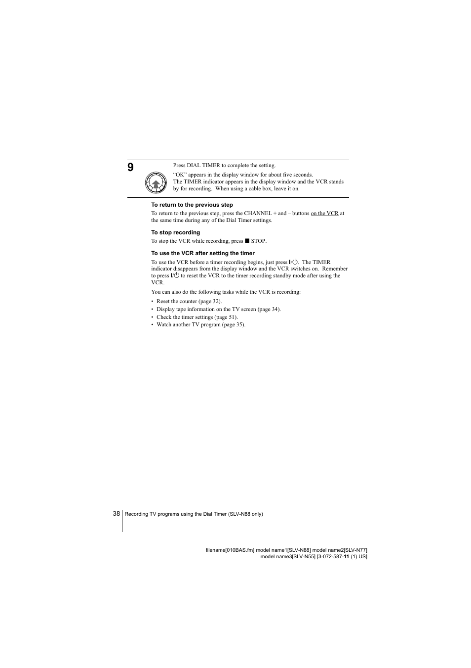 To return to the previous step, To stop recording, To use the vcr after setting the timer | Sony SLV-N77 User Manual | Page 38 / 72